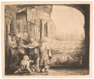 Peter og Johannes helbreder krøblingen ved templets port af Rembrandt van Rijn