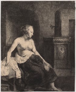 En halvnøgen kvinde, der sidder ved ovnen af Rembrandt van Rijn