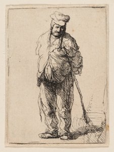 Raget bonde med hænderne bag sig, holder en pind af Rembrandt van Rijn