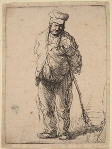 En laset bonde med hænderne bag ryggen, der holder en stok af Rembrandt van Rijn