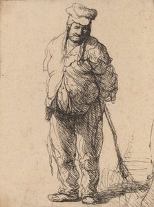 Raget bonde med hænderne bag sig, holder en pind, ca. 1630. af Rembrandt van Rijn