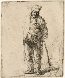 Raget bonde med hænderne bag sig, med en pind, c.1630. af Rembrandt van Rijn