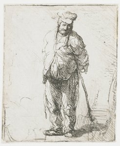 En laset bonde med hænderne bag ryggen, der holder en stok af Rembrandt van Rijn