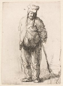 En laset bonde med hænderne bag ryggen, der holder en stok af Rembrandt van Rijn