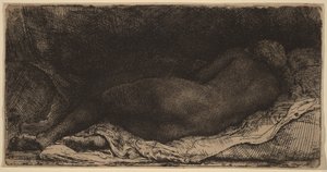 Liggende kvindelig nøgenmodel af Rembrandt van Rijn
