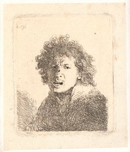 Rembrandt barhovedet og åbenmundet, som om han råbte: buste af Rembrandt van Rijn