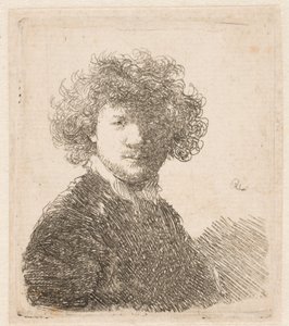 Rembrandt uden hovedbeklædning, med tykt, krøllet hår og en lille hvid krave: brystbillede af Rembrandt van Rijn