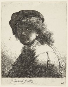 Rembrandt med hue og tørklæde af Rembrandt van Rijn