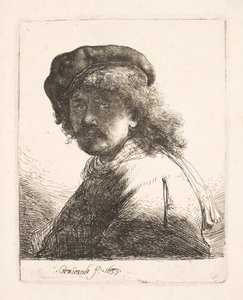 Rembrandt med hue og tørklæde: ansigtet i skygge: brystbillede af Rembrandt van Rijn