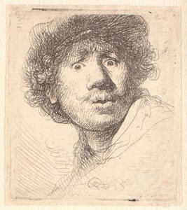 Rembrandt i kasket, åben mund og stirrende: buste i omrids af Rembrandt van Rijn