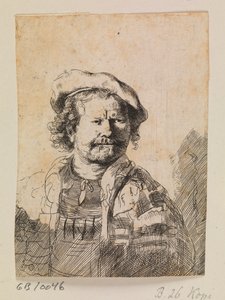 Rembrandt med en flad kasket og en broderet kjole af Rembrandt van Rijn