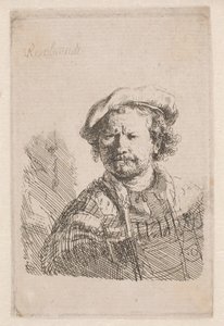 Rembrandt i en flad kasket med et sjal om skuldrene af Rembrandt van Rijn
