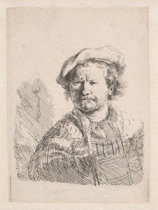Rembrandt i en flad kasket med et sjal om skuldrene af Rembrandt van Rijn