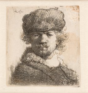 Rembrandt med en tyk pelshue: set forfra: brystbillede af Rembrandt van Rijn