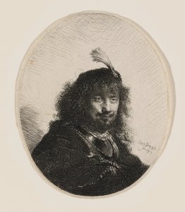 Rembrandt med fjerprydet hue og sænket sabel af Rembrandt van Rijn
