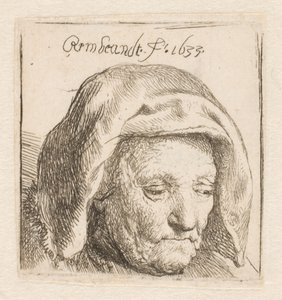 Rembrandts mor med et tørklæde om hovedet, der ser ned: kun hovedet af Rembrandt van Rijn
