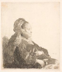 Rembrandts mor siddende vendt mod højre, i en orientalsk hovedbeklædning: halvlang, viser hænder af Rembrandt van Rijn