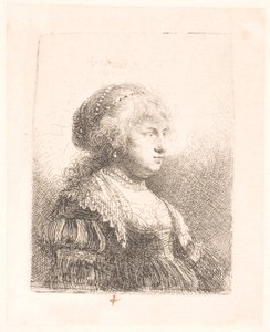 Rembrandts hustru Saskia, med perler i håret, brystbillede af Rembrandt van Rijn