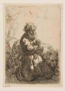 Den hellige Hieronymus knæler i bøn og ser ned af Rembrandt van Rijn