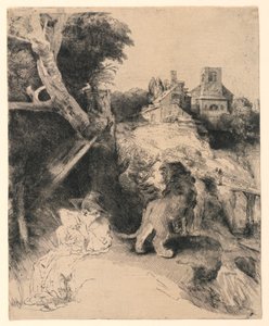 Sankt Jerome læser i et italiensk landskab af Rembrandt van Rijn