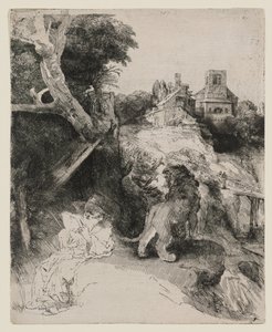 Den hellige Hieronymus læser i et italiensk landskab af Rembrandt van Rijn