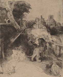 Sankt Jerome læser i et italiensk landskab, ca. 1653. af Rembrandt van Rijn