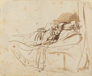 Saskia(?) Liggende i sengen af Rembrandt van Rijn
