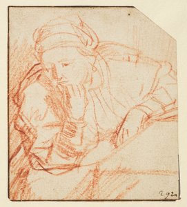 Saskia sad ved et bord, af Rembrandt van Rijn