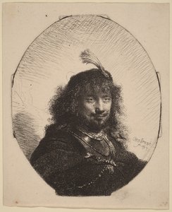 Selvportræt () med fjerprydet hue og sænket sabel af Rembrandt van Rijn