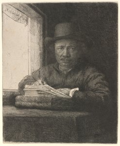 Selvportræt tegning ved et vindue af Rembrandt van Rijn