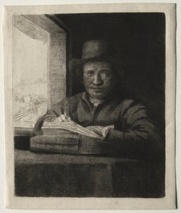 Selvportræt tegning ved et vindue af Rembrandt van Rijn