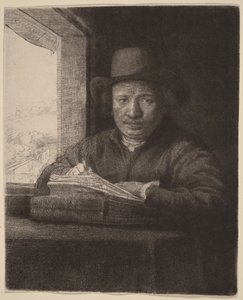 Selvportræt – radering ved et vindue af Rembrandt van Rijn