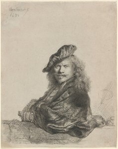 Selvportræt, hvor jeg læner mig op ad en stenvindueskarm af Rembrandt van Rijn