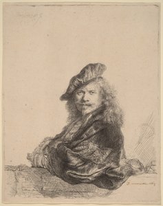 Selvportræt, hvor jeg læner mig op ad en stenkarmen af Rembrandt van Rijn