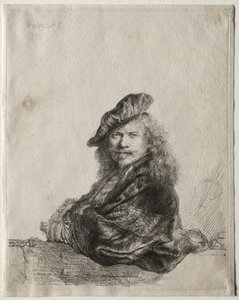 Selvportræt lænet på en stenkarm, 1639. af Rembrandt van Rijn