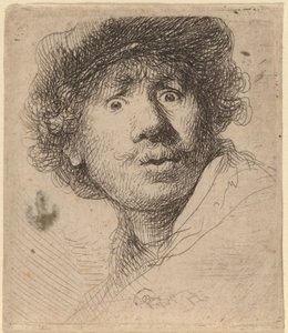 Selvportræt i kasket, åben mund af Rembrandt van Rijn