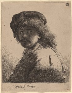 Selvportræt i kasket og tørklæde med ansigtet mørkt af Rembrandt van Rijn