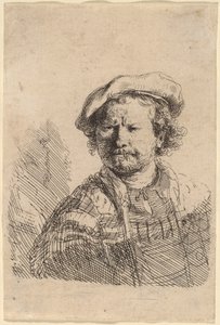 Selvportræt i flad kasket og broderet kjole af Rembrandt van Rijn
