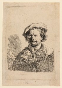 Selvportræt i flad kasket og broderet kjole af Rembrandt van Rijn