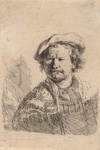 Selvportræt i flad kasket og broderet kjole, ca. 1642. af Rembrandt van Rijn