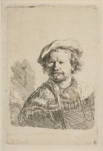 Selvportræt i flad kasket og broderet kjole, ca. 1642. af Rembrandt van Rijn