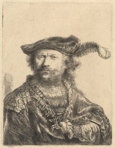 Selvportræt i fløjlskasket med fane af Rembrandt van Rijn