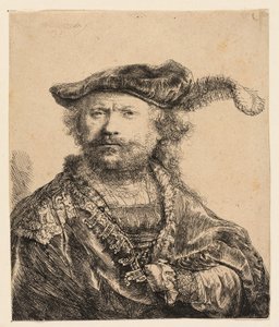 Selvportræt i fløjlskasket med fane af Rembrandt van Rijn