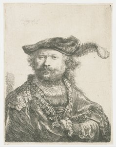 Selvportræt i fløjlskasket med fane Selvportræt i fløjlshue med fane af Rembrandt van Rijn