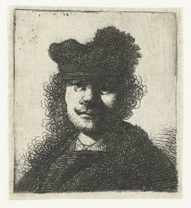 Selvportræt i kasket og mørk kappe: buste af Rembrandt van Rijn