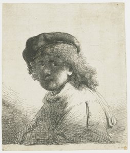 Selvportræt i kasket og tørklæde med ansigtet mørkt: buste af Rembrandt van Rijn