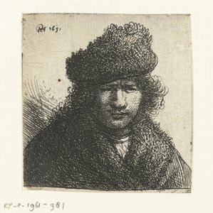 Selvportræt i skrå pelshue: buste af Rembrandt van Rijn