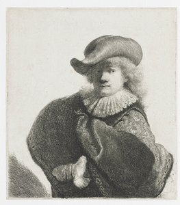 Selvportræt i blød hat og mønstret kappe af Rembrandt van Rijn