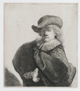 Selvportræt med blød hat og mønstret kappe af Rembrandt van Rijn