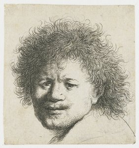 Selvportræt med langt busket hår: kun hoved af Rembrandt van Rijn